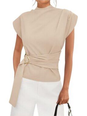 Mock Neck Cap Sleeve Blouse with Gold Buckle, Back Zipper, Tunic Top for Work